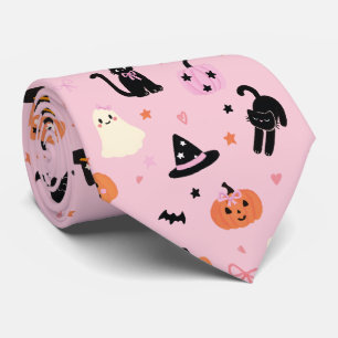 Cute Pink Halloween Ghosts Cats and Pumpkins Neck Tie