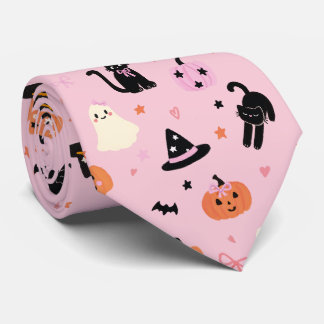 Cute Pink Halloween Ghosts Cats and Pumpkins Neck Tie