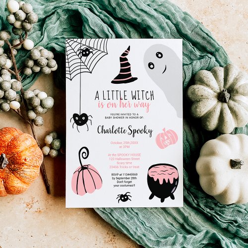 Cute pink Halloween illustrations girl baby shower Invitation