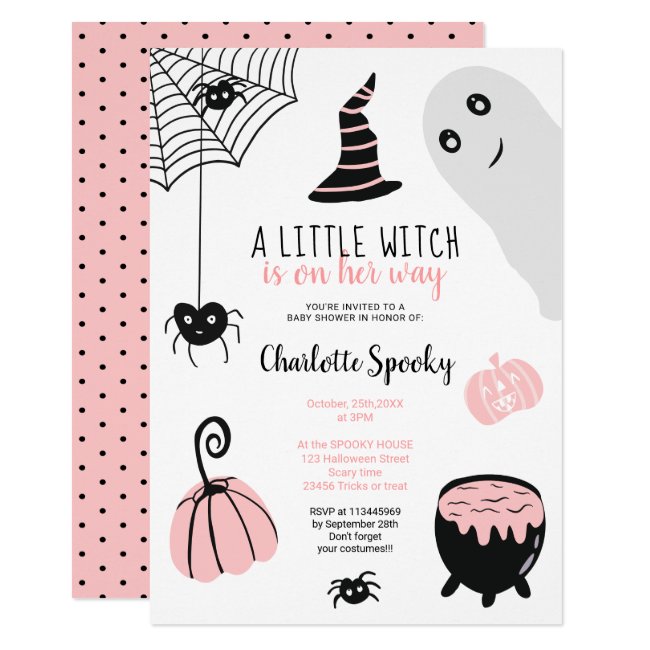 Cute pink Halloween illustrations girl baby shower Invitation