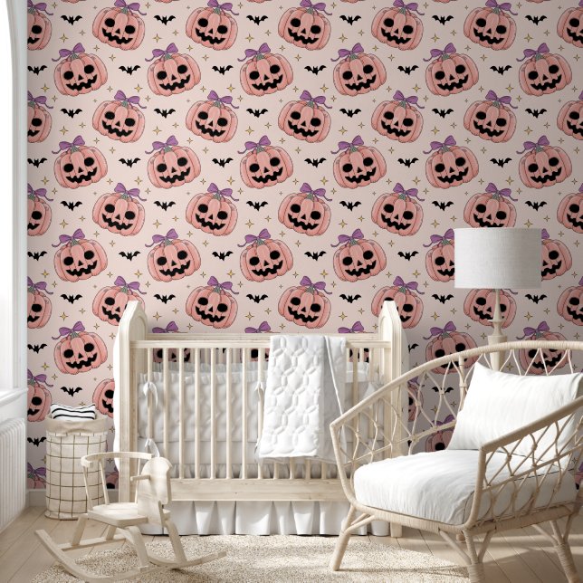 Cute Pink Halloween Jack-o'-Lanterns & Bats Wallpaper (Kids)