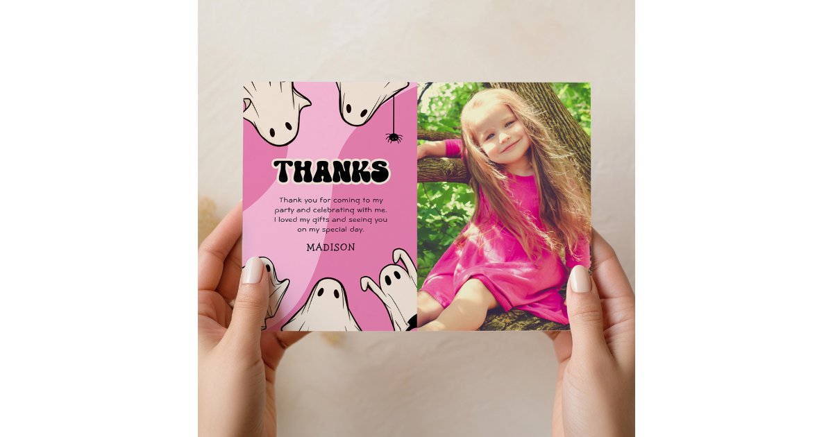 Cute Pink Halloween Photo Birthday Thank You Card | Zazzle