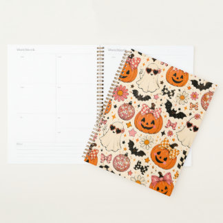 Cute Pink Halloween Pumpkin Pattern with Bows Planner