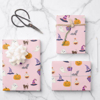 Cute Pink Halloween Seamless Pattern - Spooky Wrapping Paper Sheets