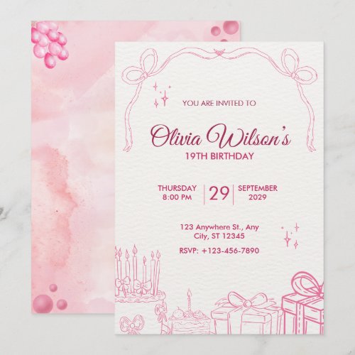 Cute Pink Hand-Drawn Birthday Party Invitation