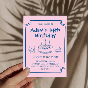 Cute Pink Hand-Drawn Cake 14th Birthday Party    Invitation