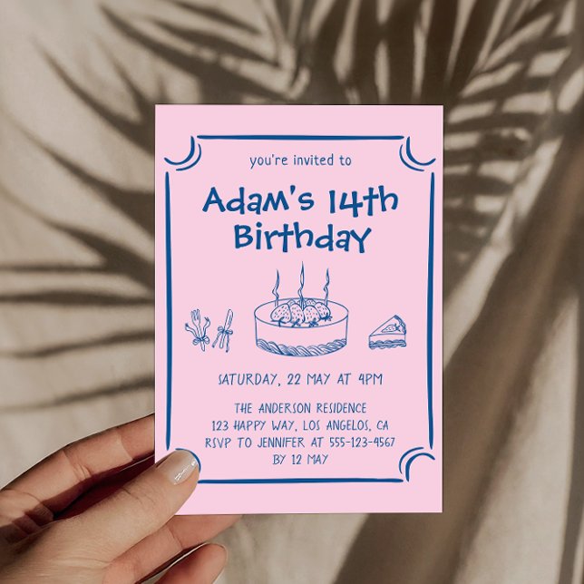 Cute Pink Hand-Drawn Cake 14th Birthday Party    Invitation (Creator Uploaded)