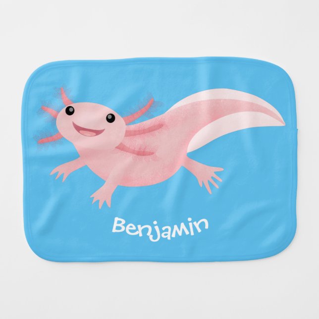 Cute pink happy axolotl baby burp cloth (Front Horizontal)