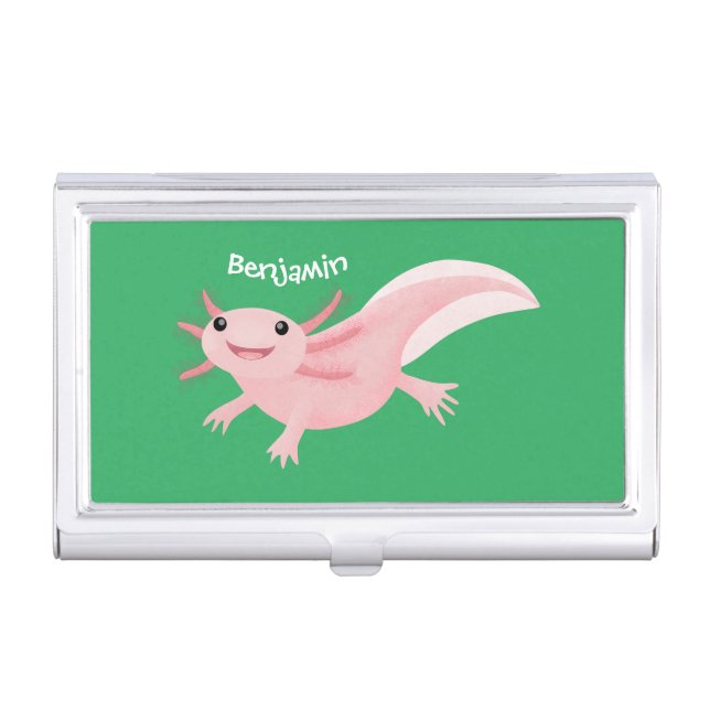 Cute pink happy axolotl business card case (Front)