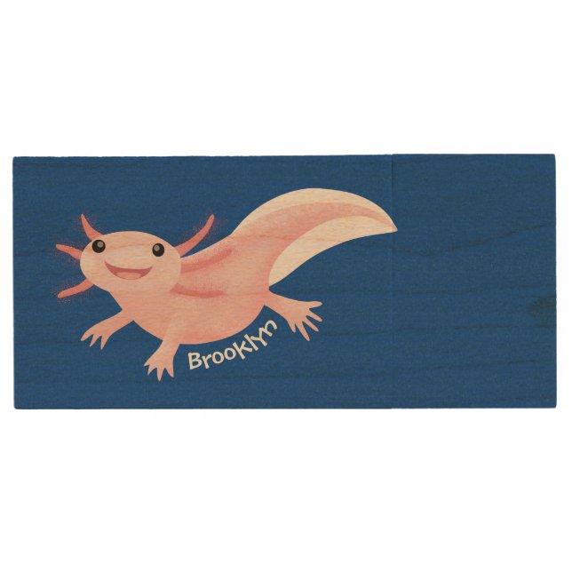 Cute pink happy axolotl cartoon wood flash drive (Front)