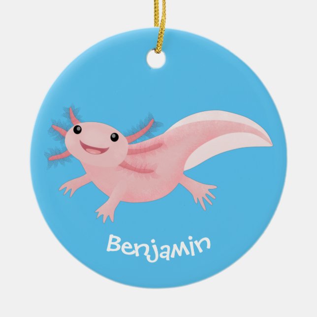Cute pink happy axolotl ceramic ornament (Front)