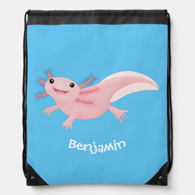 Cute pink happy axolotl drawstring bag (Front)