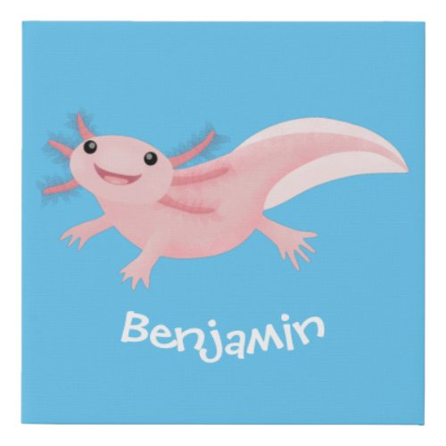 Cute pink happy axolotl faux canvas print