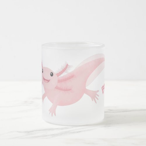 Cute pink happy axolotl frosted glass coffee mug