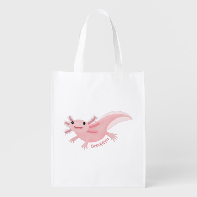 Cute pink happy axolotl grocery bag (Front)