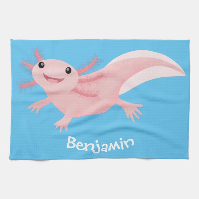 Cute pink happy axolotl kitchen towel (Horizontal)