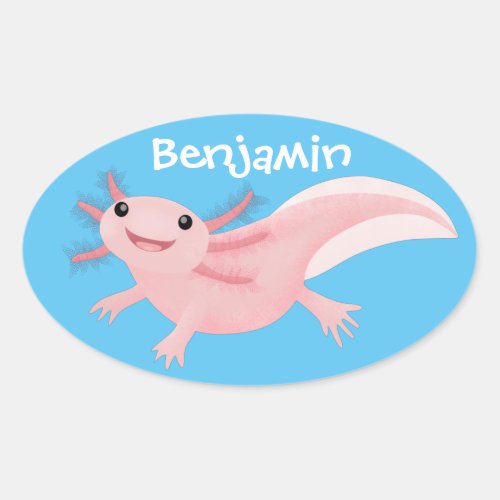 Cute pink happy axolotl oval sticker