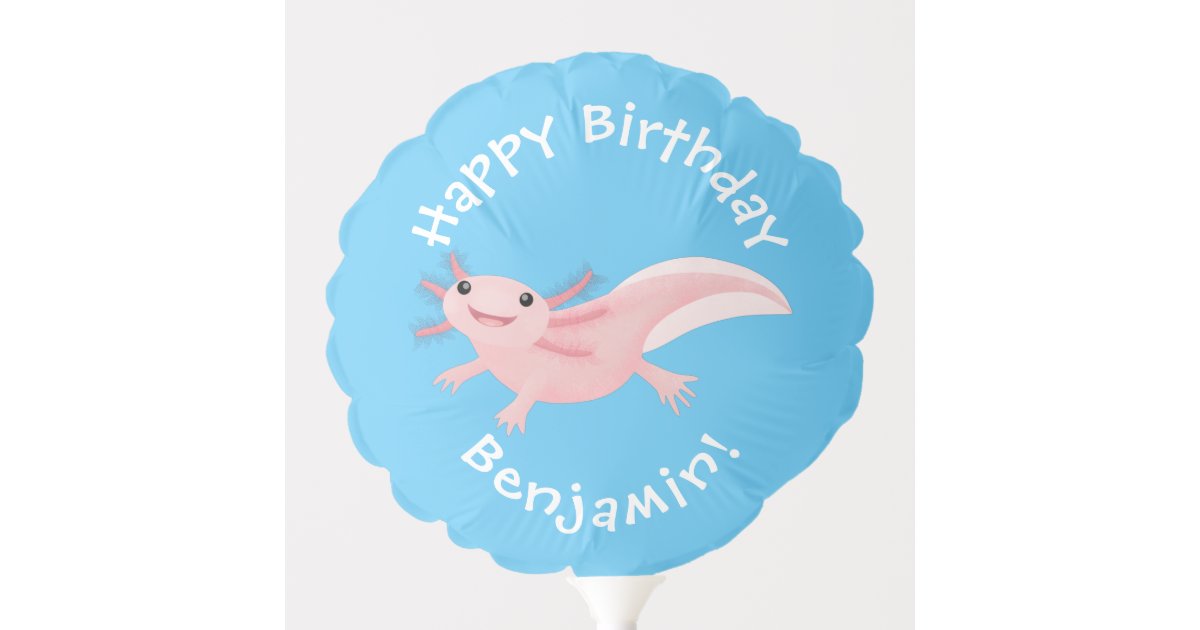 Cute pink happy axolotl personalised birthday balloon | Zazzle