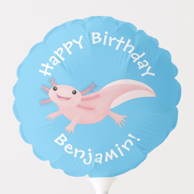 Cute pink happy axolotl personalised birthday balloon (Front)