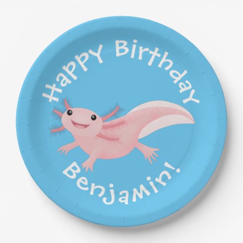 Cute pink happy axolotl personalised birthday paper plates