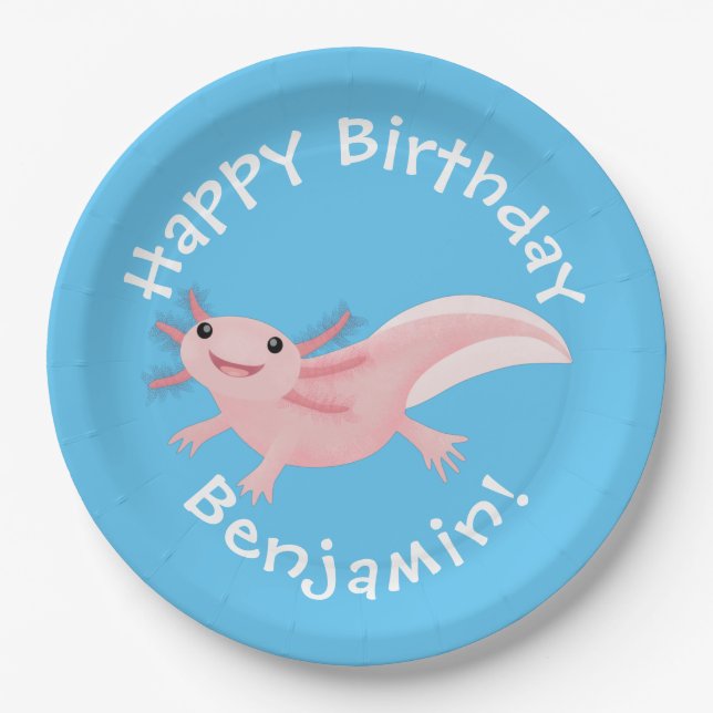 Cute pink happy axolotl personalised birthday paper plates (Front)