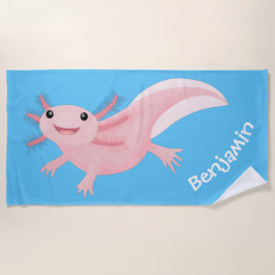 Cute pink happy axolotl personalized beach towel