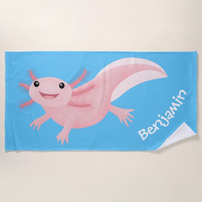 Cute pink happy axolotl personalized beach towel (Front)