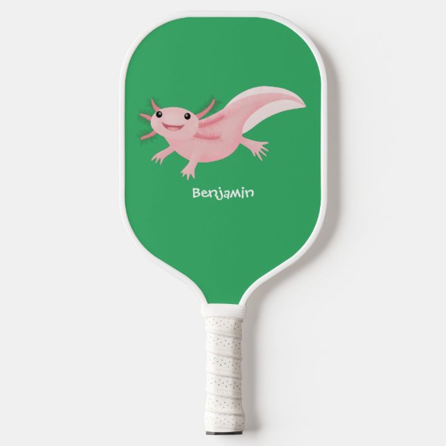 Cute pink happy axolotl  pickleball paddle (Front)