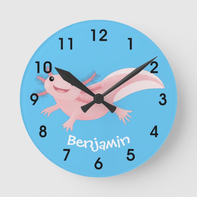 Cute pink happy axolotl round clock (Front)