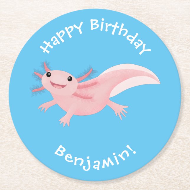 Cute pink happy axolotl round paper coaster (Front)