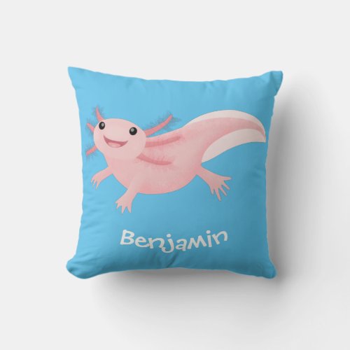 Cute pink happy axolotl throw pillow