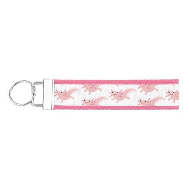 Cute pink happy axolotl wrist keychain (Keys on Left)
