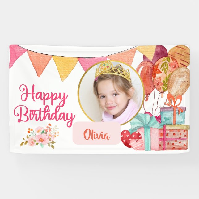 Cute Pink Happy Birthday Banner (Horizontal)