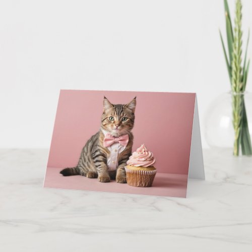 Cute Pink Happy Birthday Cat Cupcake Card
