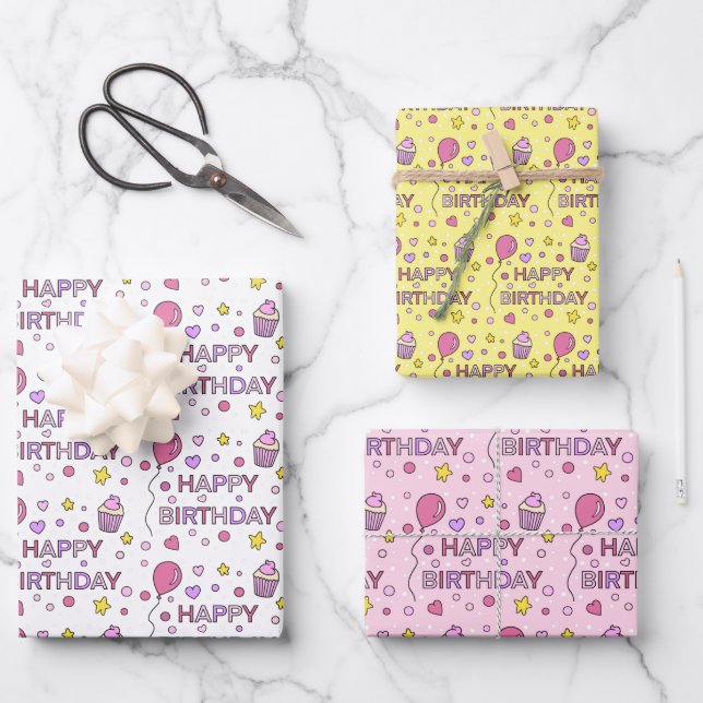 Cute Pink Happy Birthday Cupcakes, Stars and Heart Wrapping Paper Sheets (Front)