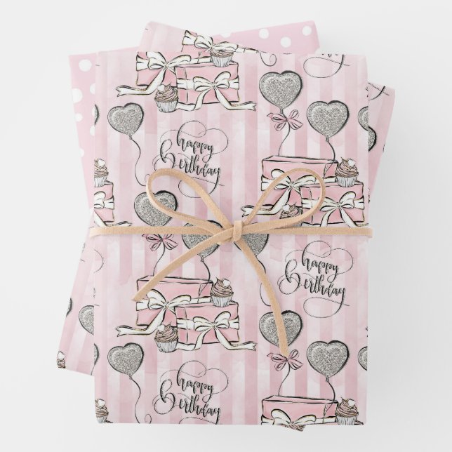  Cute Pink Happy Birthday Pattern Wrapping Paper Sheets (In situ)