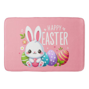 Cute, pink Happy Easter bunny Bath Mat