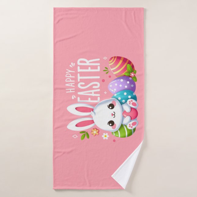 Cute, pink happy Easter bunny Bath Towel (Bath Towel)