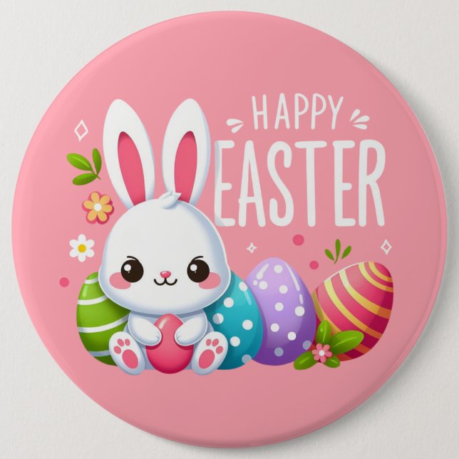 Cute, pink happy Easter bunny Button (Front)