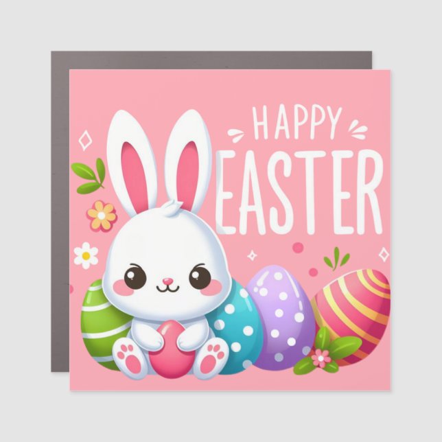 Cute, pink happy Easter bunny Car Magnet (Front)