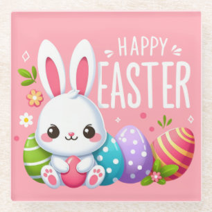 Cute, pink Happy Easter bunny  Glass Coaster