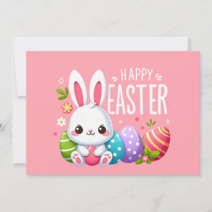 Cute, pink happy Easter bunny Holiday Card