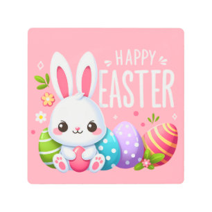 Cute, pink Happy Easter bunny Metal Print