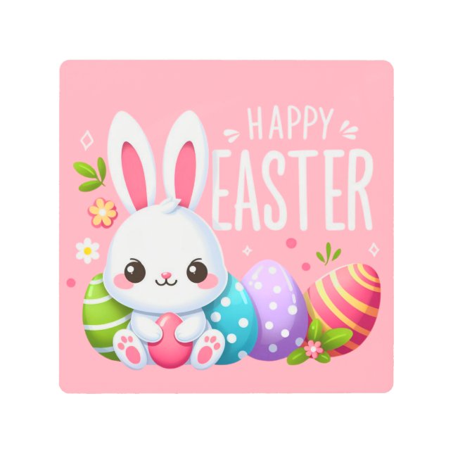 Cute, pink Happy Easter bunny  Metal Print (Front)