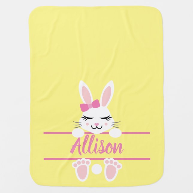 Cute Pink Happy Easter Bunny Monogram  Baby Blanket (Front)