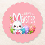 Cute, pink Happy Easter bunny Paper Coaster<br><div class="desc">hoppy spring</div>