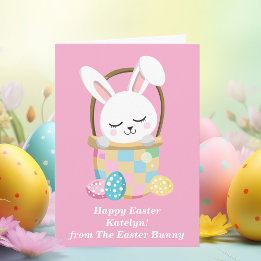 Cute Pink Happy Easter Bunny Personalized Girls Card