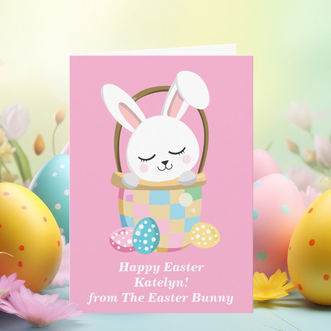Cute Pink Happy Easter Bunny Personalized Girls Card (Creator Uploaded)