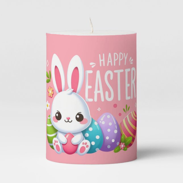 Cute, pink Happy Easter bunny  Pillar Candle (Front)