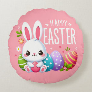 Cute, pink Happy Easter bunny  Round Pillow